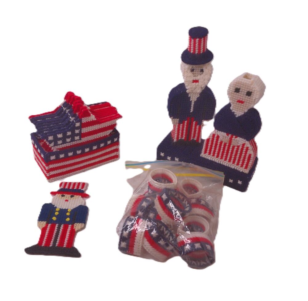 Vintage Canvas Needlepoint Patriotic Table Decor Coasters Napkin Rings Uncle Sam